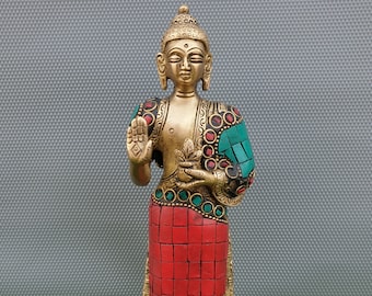 Brass Buddha Statue, 7.8 Inches, Brass Lord Buddha Idol, Outdoor Indoor Buddhist Deity Temple Altar Yoga Studio Meditation Room Decor, Gift.