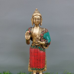 Brass Buddha Statue, 7.8 Inches, Brass Lord Buddha Idol, Outdoor Indoor Buddhist Deity Temple Altar Yoga Studio Meditation Room Decor, Gift.