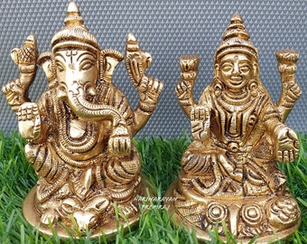 Lakshmi Ganesha Brass Statue, 3" Inch, Pure Brass, Goddess Lakshmi Statue, Lord Ganesha Statue, Laxmi Ganesh Statue,Lakshmi Ganesh Figurine.