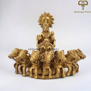Brass Sun Chariot, 16CM Lord Surya with Chariot and 7 horses, God of Fame Home Decor Showpiece, Indian Brass God Idol,Son Surya Bhagwan Rath