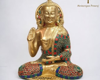 Estatua de Buda de latón, 25CM Big Abhaya Mudra Brass Lord Buddha Idol, Bendición Lord Buddha Idol, Estudio de yoga budista, Decoración de la sala de meditación