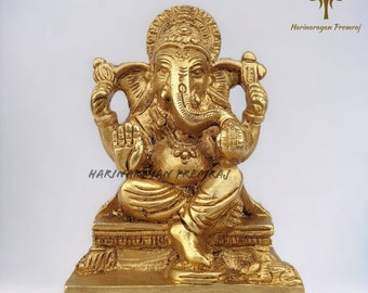 Estátua de Ganesha em latão em Chowki Sinhasan, estátua de Ganesha de 12 cm, estatueta de Ganesha sentado com um rato, deus hindu da boa sorte, novos começos