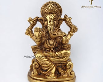 Estátua de Ganesha em bronze sobre Sinhasan, estátua de 11 cm do Senhor Ganesha, estatueta de Ganesha em bronze sentado com um rato, deus hindu da boa sorte e de novos começos.