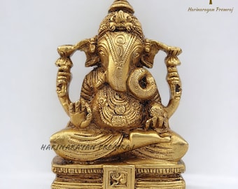 Ganesha Statue in Brass, 10CM Lord Ganesha Idol, Ganesh Sculpture, Elephant God Ganpati for Home Temple God of Luck, Brass Ganesha Figurine