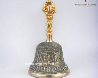 Cloche tibétaine en laiton, cloche bouddhiste de 18 cm, belle cloche, main Ghanti, cloche de temple, décoration de cloche de prière méditation yoga relaxant son