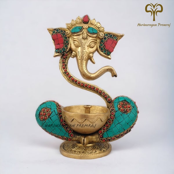 Brass Ganesha Diya with Stonework, 22CM Brass Oil Diya Lamp with Ganesh, Abstract Ganesha figure One Wick Oil Diya Home Temple Decor Gifts