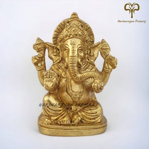 Brass Ganesha Statue, 11CM Lord Ganesha Idol in Brass,Ganesh Sculpture, Elephant God Ganpati Home Temple God of Luck, Brass Ganesha Figurine