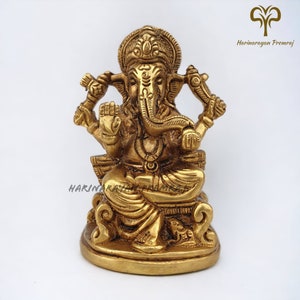 Brass Ganesha Statue on Sinhasan, 11CM Lord Ganesh Statue, Brass Ganesha Figurine Sitting with Mouse, Hindu God of good luck, New Beginnings