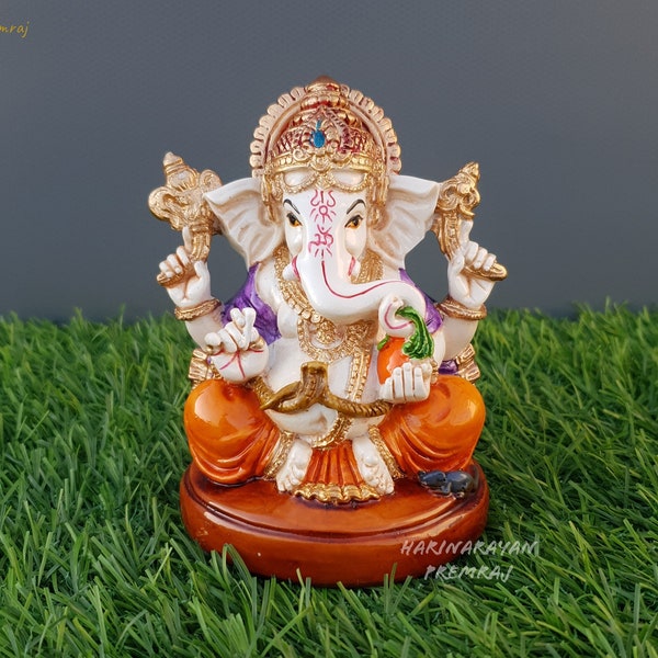 Lord Ganesha Statue, 4" Inch, Ganesh Statue, Cultured Marble, HandPainted,Ganapati, Vinayaka, Elephant God,Good Luck Gift For New Beginnings