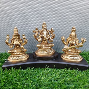 Brass Lakshmi Ganesh Saraswati Statue, 12CM Laxmi Ganesha Saraswati Idol in Brass, Showpiece Hindu gods of Wealth, Wisdom,Fortune,Arts,Music