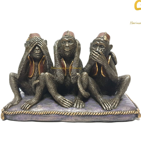 Trois (3) singes sages, 3,1 pouces, statue de singe en bronze collé, figurine d’animal, sculpture de singe, ornement de singe, cadeau.