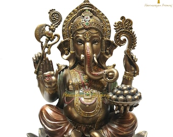 Ganesha-staty, 25 cm bunden bronsstaty av Ganesha på lotusblomma, Ganapati, Vinayak, hinduisk elefantgud och lycka till-gåva för nya början