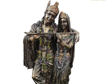 Radha Krishna Statue, 11" Inch Bonded Bronze Radha Krishna Sculpture, Hindu Divine couple Statue, Krishna with Radha, Radha-Krishna Figurine