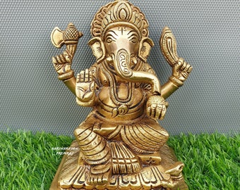 Estatua de latón del Señor Ganesha, 5,7 pulgadas, estatua de Ganesh, latón puro, Ganapati, Vinayak, dios elefante hindú y regalo de buena suerte para nuevos comienzos.