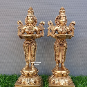 Brass Deep Laxmi, Deep Lakshmi, Oil Lamp Deep Lakshmi, 9&quot; Inches, Deep Lakshmi For Temple, Altar, Kamakshi Diya, Pure Brass Standing lakshmi