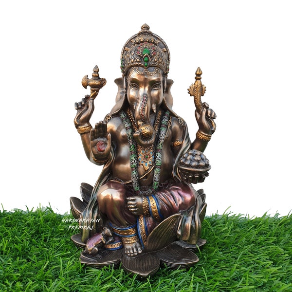 Ganesha-beeld, 18 CM gebonden brons Lord Ganesh Idol on Louts, Ganapati, Vinayak. Hindoegod met olifantenkop van geluk en een nieuw begin.