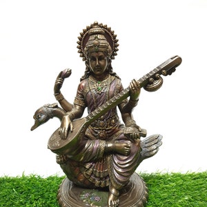 Saraswati Statue, Sarasvati Statue, 21 CM, Bonded Bronze Goddess Saraswati on Swan, Hindu Goddess of Knowledge,Music,Art,Wisdom & Education