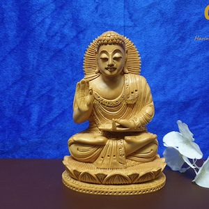 Wooden Buddha Statue, 6&quot; Inches, Fine Hand Carved Wooden Blessing Lord Buddha Idol, Wood Carving Buddha Figure, Meditation room Decor, Gift.
