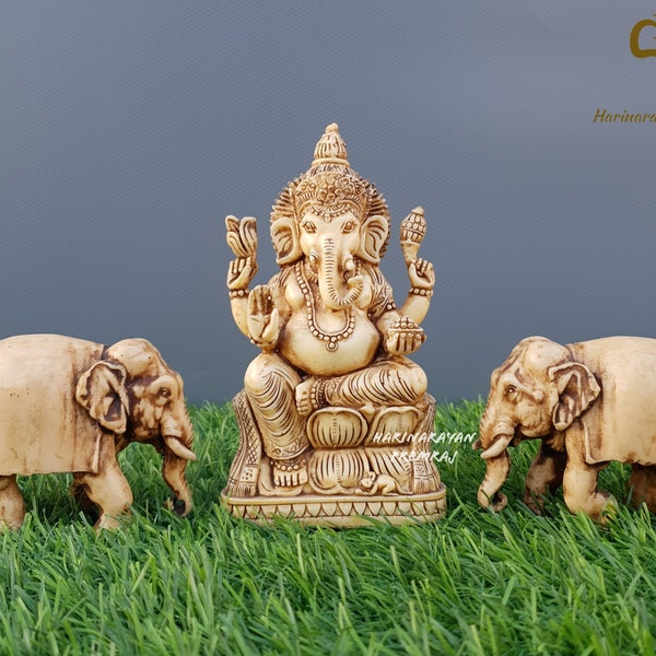Lord Ganesha Statue, 13CM Ivory Look Antique Finish Cultured Marble Lord Ganesh Idol With 2 Elephants, Vinayaka, Elephant God,Good Luck Gift