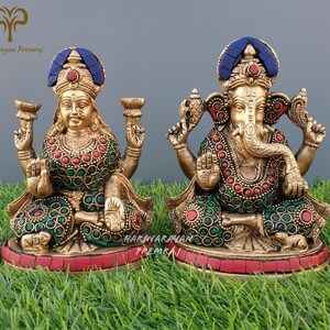 Brass Laxmi Ganesh Statue, 14CM Big Lakshmi Ganesha Statue, Lord Ganesha Statue, Goddess Lakshmi Statue, Lakshmi Ganesh Idol, Indian Gods