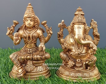 Brass Laxmi Ganesh Statue, 13CM Big Lakshmi Ganesha Statue, Lord Ganesha Statue, Goddess Lakshmi Statue, Lakshmi Ganesh Idol, Indian Gods