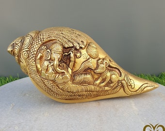 Brass Lord Ganesha Carving Conch Shell, 18CM Brass Conch Shankh, Ganesha Sankh for Good Luck, Success and Prosperity, Shankh for Home Temple