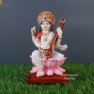 Statue de Saraswati, Statue de Sarasvati de 18 cm, Marbre de culture peint à la main, Statue de la déesse Saraswati, Déesse des arts, Musique, Connaissance, Apprentissage