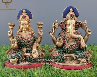 Brass Laxmi Ganesh Statue, 14CM Big Lakshmi Ganesha Statue, Lord Ganesha Statue, Goddess Lakshmi Statue, Lakshmi Ganesh Idol, Indian Gods
