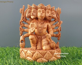 Seated Panchmukhi Hanuman Statue, 15.5CM Wooden Lord Hanuman Idol, Bajrangbali, Monkey god, Ram bhakt, Hindu god of Strength, Bhakti,Victory
