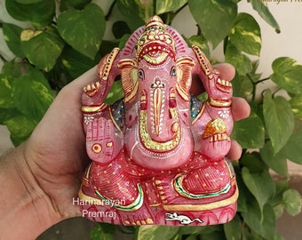 Lord Ganesha Statue Rose Quartz Stone, 15CM Ganesh Statue in Natural Rose Quartz Crystal Ganesha Figurine for Temple Home Decor Ganesha Gift