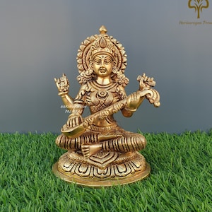 Statue Saraswati en laiton, statue de la déesse Saraswati de 19 CM, statue de Sarasvati, idole du dieu Saraswathi, déesse hindoue des arts, musique, cadeaux de connaissance