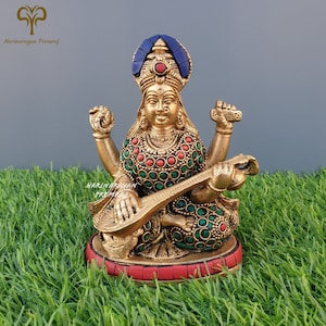Statue de Saraswati en laiton, statue de Saraswati de la grande déesse de 13,3 cm, statue de Sarasvati, idole du dieu Saraswathi, déesse hindoue des arts, de la musique, de la connaissance