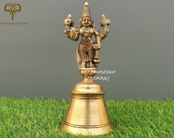 Brass Vishnu Bell, 17CM Big Lord Vishnu Statue Bell, Brass Bell, Hand Held Ghanti, Indian Brass Decor, Temple bell, Diwali Puja, Pooja bells