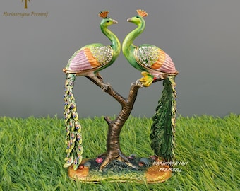 Metal Lovebirds With Trinket Box, 14 CM Handpainted Love Birds