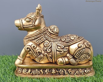 Brass Nandi Statue, Nandi Cow Statue, 7.5" Inch, Gatekeeper of Shiva & Parvati, God Nandi Statue, Shiva Cow, Sacred Bull, Shiv Sevak,Animals