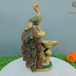 Brass Peacock Diya, Brass Diya, 8.5&quot; Inches, Laxmi Diya, Brass Deepak, Diya Stand Oil Lamp for Home, Mandir, Pooja, Altar, Oil Dia, Oil Diya