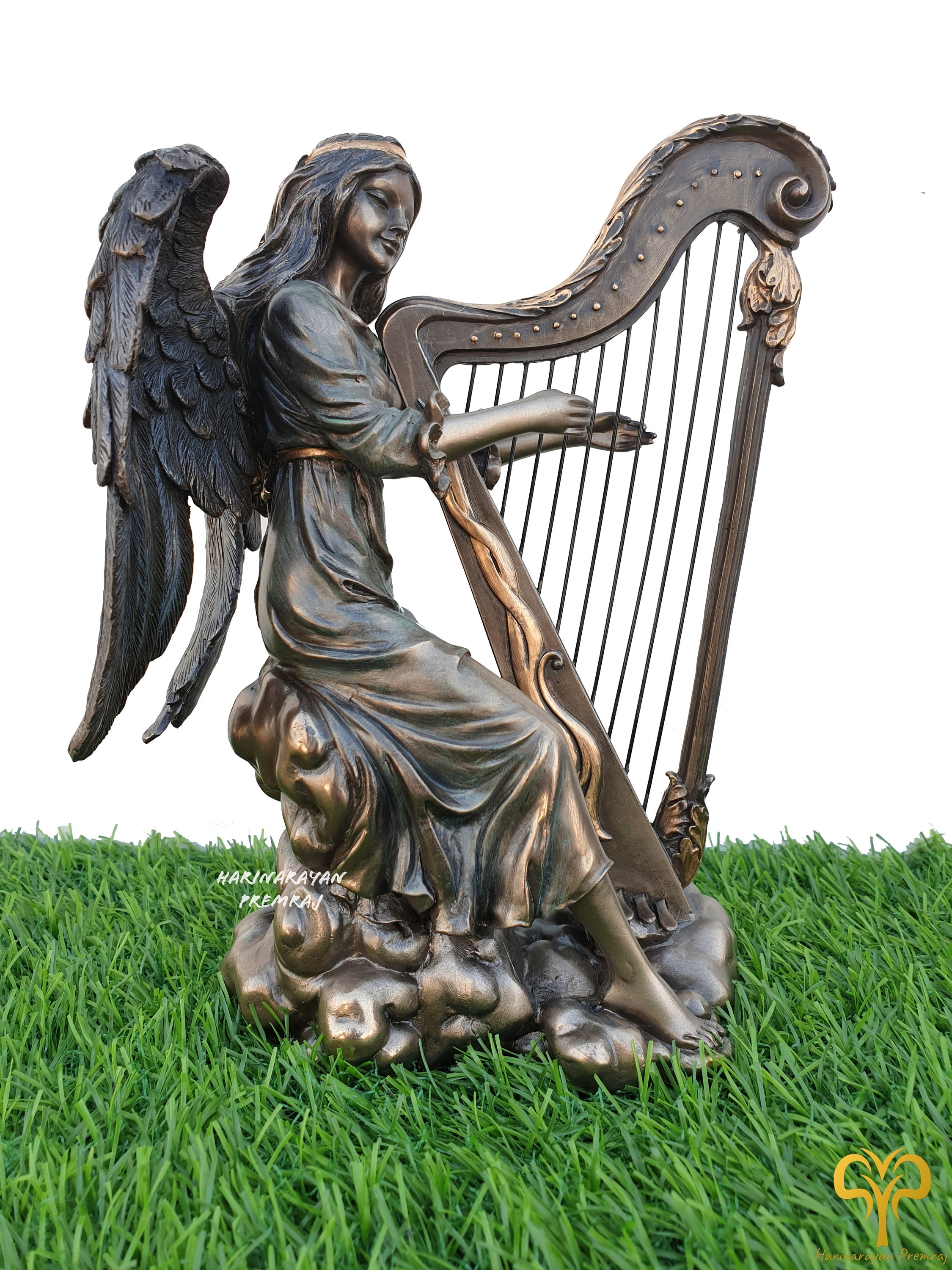 天使ミュージシャンのハープ像、20 CM、ハープを演奏する風に吹かれた