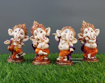 Conjunto de Ganesha bailarín, ídolo del Señor Ganesha de 12 cm, Ganesha musical, estatua de Ganapati de mármol cultivado pintada a mano, regalo de buena suerte para nuevos comienzos.