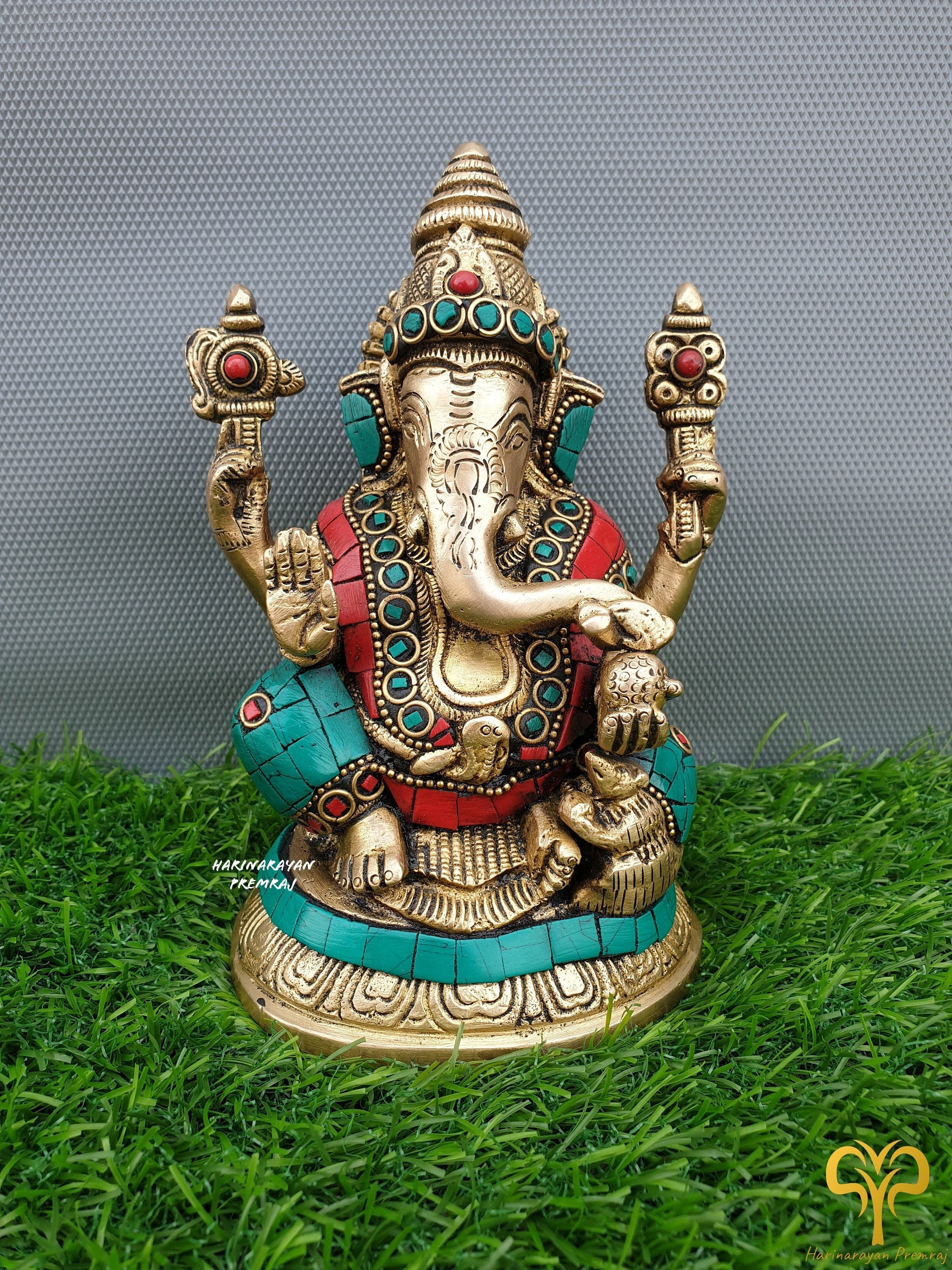 真鍮ガネーシャ卿像、ガネーシャ像、6インチ、真鍮ガネーシャ、座って