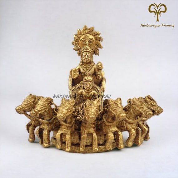 Brass Sun Chariot, 16CM Lord Surya With Chariot and 7 Horses, God