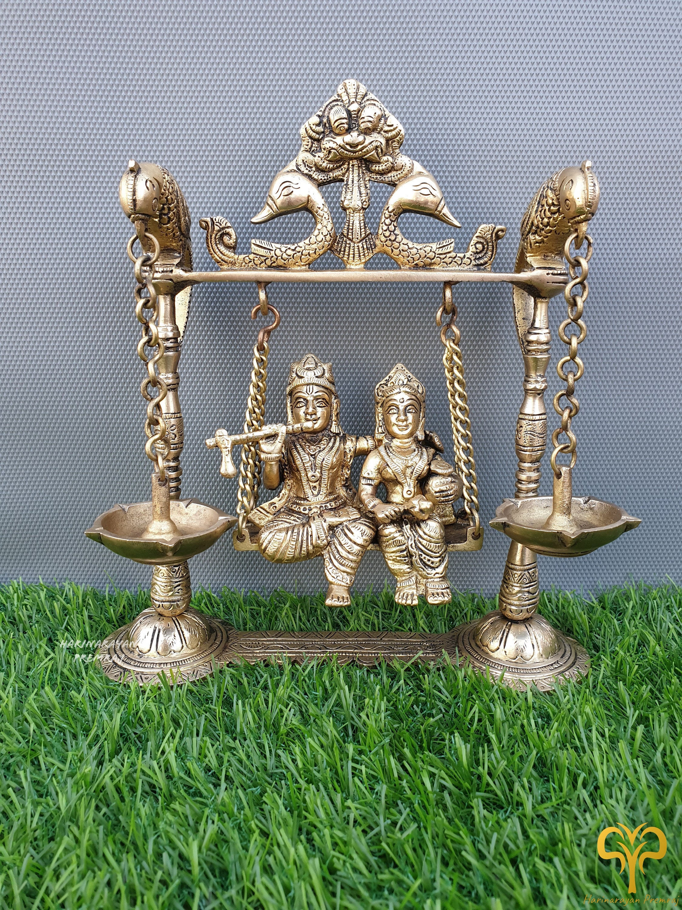 Peacock Design Radha Krishna Idol Showpiece with Diya for Puja and Hom