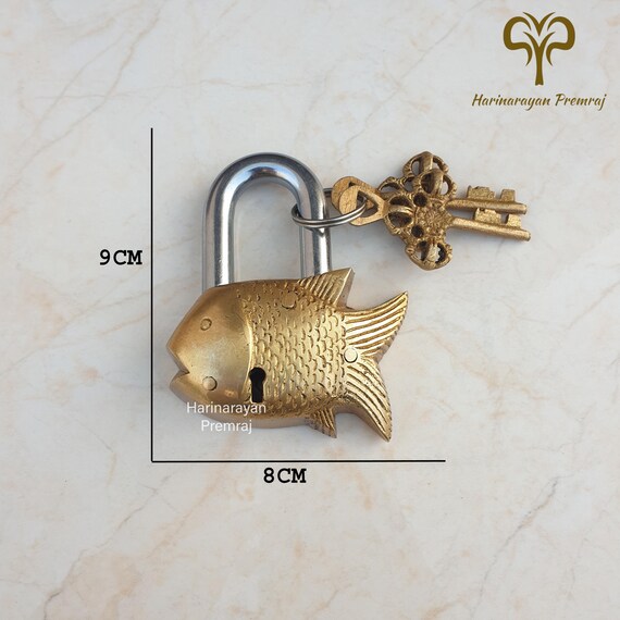 手作りの真鍮製魚型南京錠（鍵付き）、ユニークなアンティークスタイル