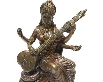Saraswati Statue, Sarasvati Statue, 6.1” Inch Bonded Bronze Goddess Saraswati Statue. Hindu goddess of Arts,Music,Knowledge & Wisdom.
