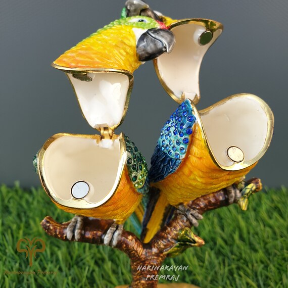 Metal Parrot Lovebirds With Trinket Box, 16 CM Handpainted Parrot