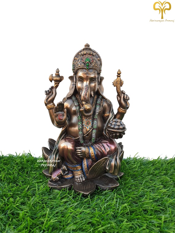 ガネーシャ　銅像　象　神 ガネーシャ像、高さ18cmのブロンズ製ガネーシャ神像（ラウト