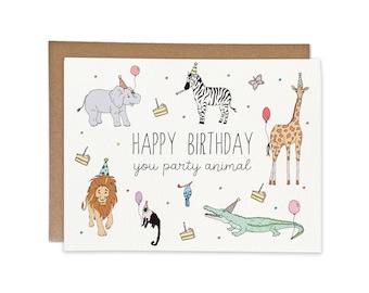 Happy Birthday you Party Animal Cute Birthday Celebration Greeting Card