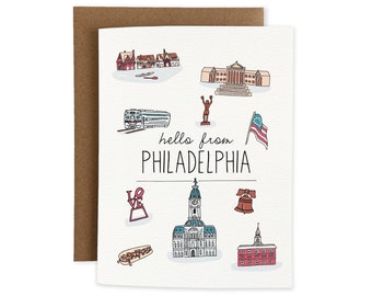 Hello from Philadelphia, City of Brotherly Love Landmarks, Boathouse Row, Liberty Bell, Travel Notecard, Visit Philly Greeting Card,