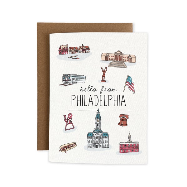 Hello from Philadelphia, City of Brotherly Love Landmarks, Boathouse Row, Liberty Bell, Travel Notecard, Visit Philly Greeting Card,