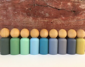 Hand Painted Wooden Peg People Set; Natural Wood Peg Dolls; Wood Toys; Waldorf Montessori Pretend Play; Toddler Open Ended Play; Grimm Style