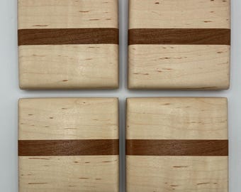 Maple & Walnut Coaster Set – Handmade Wood Drink Coasters with Walnut Accent Stripe (Set of 4)